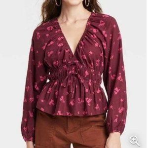 UNIVERSAL THREAD NWT Cranberry Red Floral Puff Long Sleeve Blouse Various Sizes